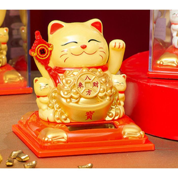 Кіт Манекі Неко з чашею достатку жовтий на сонячній батарейці 9 см